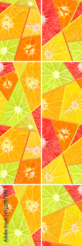 Vertical seamless pattern fresh ripe sliced oranges, lemons, tangerines and g...