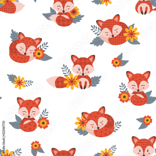 Seamless pattern with cute foxies and floral elements. Vector illustration.