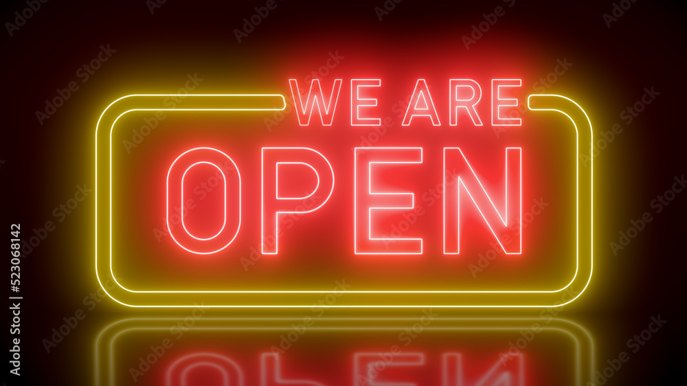 Fototapeta premium Illustation of glowing neon sign with message, we are open in red and orange