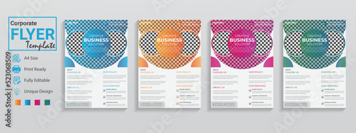 Unique flyer templates set are in 4 design colors purple orange blue. This is a creative business flyer in modern used for corporate event conference infographic workshop promotion brochure poster