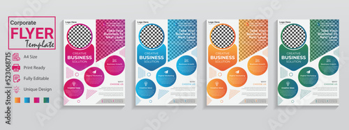 Unique flyer templates set are in 4 design colors purple orange blue. This is a creative business flyer in modern used for corporate event conference infographic workshop promotion brochure poster