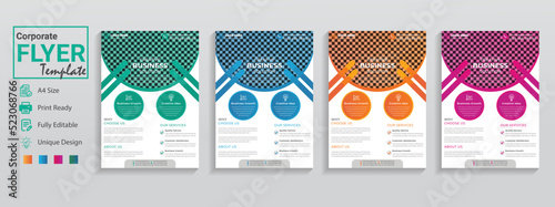 Unique flyer templates set are in 4 design colors purple orange blue. This is a creative business flyer in modern used for corporate event conference infographic workshop promotion brochure poster