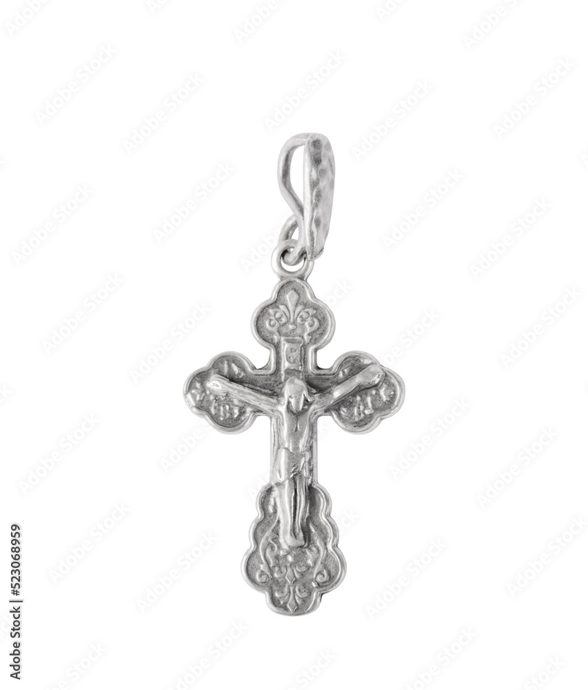 Silver crucifix necklace cross isolated on white background