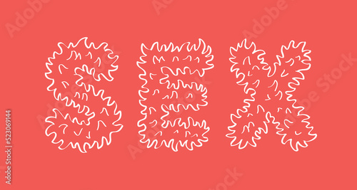 Furry fluffy sex word letters, plush, feathers, or blooming flower petals shape hand drawn doodle line vector illustration, sex shop banner lettering print design.