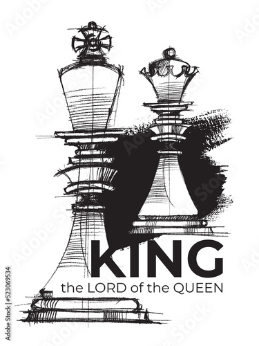 Chess. Chess pieces King and Queen. Game. Line drawing of chess