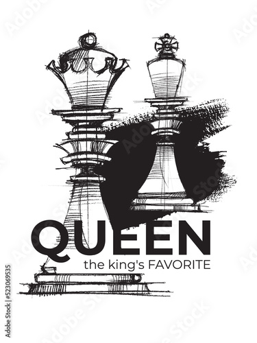 Chess. Chess pieces King and Queen. Game. Line drawing of chess