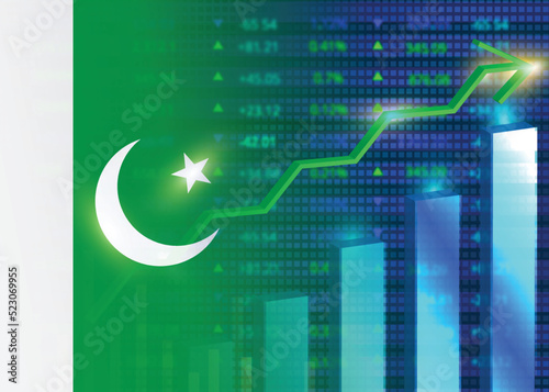 Economic growth in Pakistan.Pakistan's stock market.Pakistani flag with charts,growth arrow