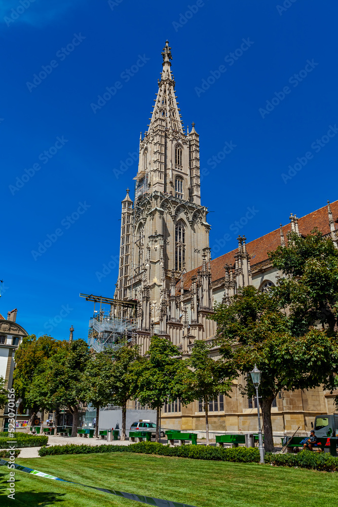 BERN, SWITZERLAND - August 2nd 2022: Bern, Switzerland. Spire Bernese Cathedral (Berner Münster).