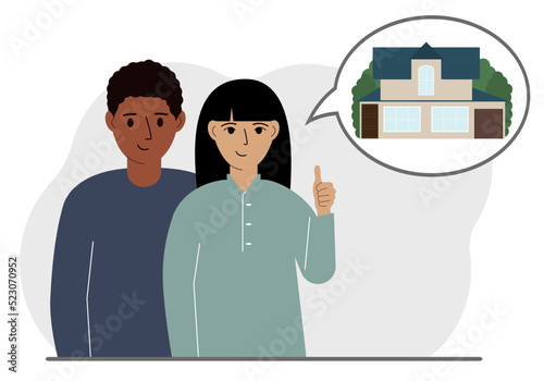 Happy couple or young family hugging and thinking about buying a dream home. Dreamy metaphor.