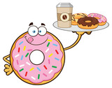  Donut Cartoon Mascot Character With Sprinkles Serving Coffee And Donuts. Hand Drawn Illustration Isolated On Transparent Background
