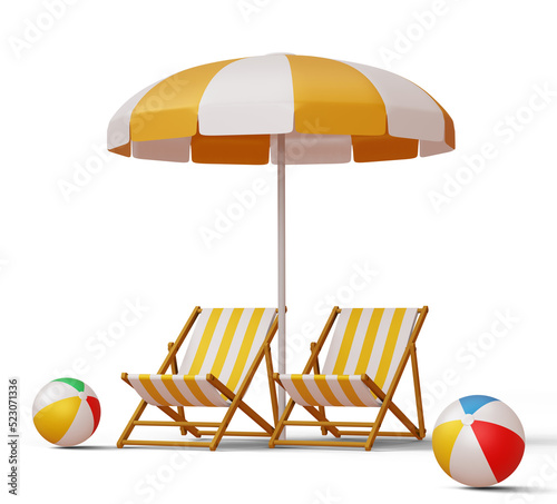 Fototapeta Beach chairs and umbrellas with beach ball, summer season, 3d rendering