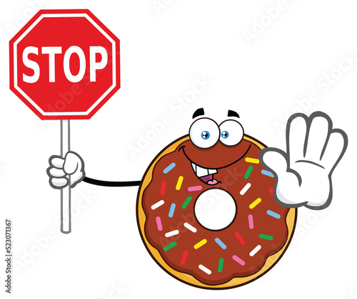  Chocolate Donut Cartoon Mascot Character With Sprinkles Holding A Stop Sign. Hand Drawn Illustration Isolated On Transparent Background photo