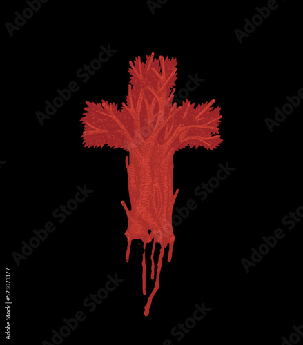Concept of a Christian cross in the form of a tree hand drawn with drops of Jesus' blood.. Decorative tree in the shape of a cross. Vector illustration, religious sign, icon, logo, emblem