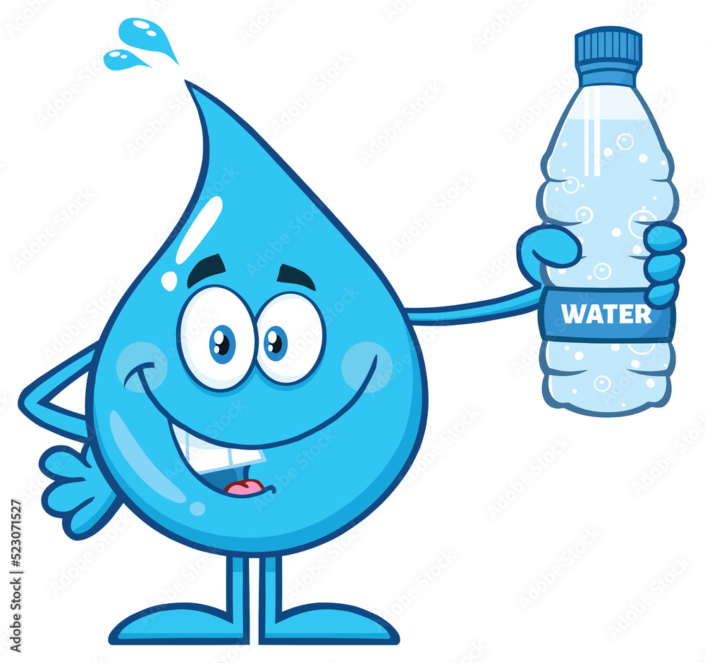 Happy Blue Water Drop Cartoon Mascot Character Holding A Bottled Water. Hand Drawn Illustration Isolated On Transparent Background Happy Blue Water Drop Cartoon Mascot Character Holding A Bottled Water. Hand Drawn Illustration Isolated On Transparent Background