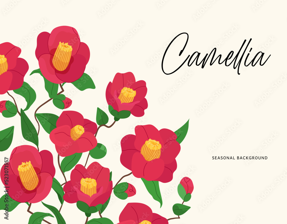 Camellia red flower frame vector for greeting card, poster, banners, posters and prints. Vector botany illustration