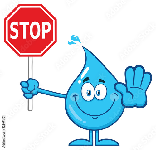  Smiling Blue Water Drop Cartoon Mascot Character Holding A Stop Sign. Hand Drawn Illustration Isolated On Transparent Background