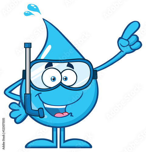  Blue Water Drop Cartoon Mascot Character With Snorkel Pointing. Hand Drawn Illustration Isolated On Transparent Background