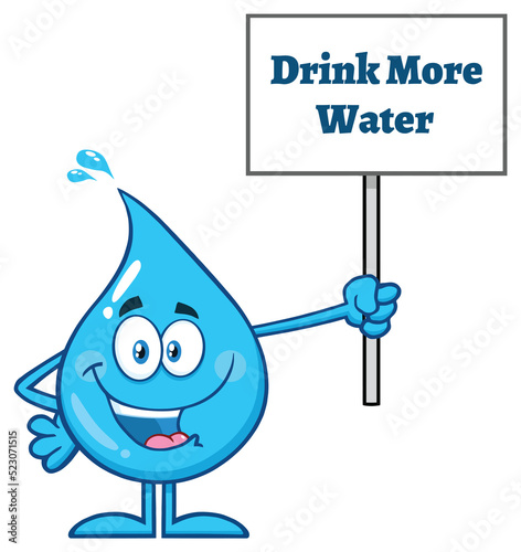 Blue Water Drop Cartoon Mascot Character Holding Up A Sign With Text Drink More Water. Hand Drawn Illustration Isolated On Transparent Background