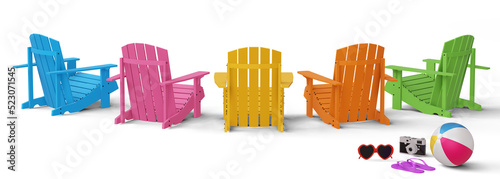 Beach chairs and camera with beach ball, summer season, 3d rendering