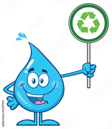  Blue Water Drop Cartoon Mascot Character Holding A Recycling Sign. Hand Drawn Illustration Isolated On Transparent Background