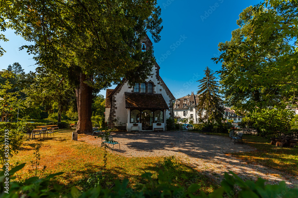 Garden in the front of the main entry to the Saint Ursula's Church in Bern, Switzerland.