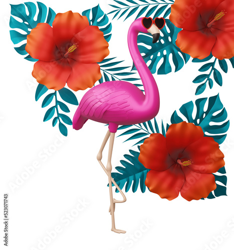 Flamingo wearing glasses and hibiscus flowerwith leaves, summer season 3d rendering photo