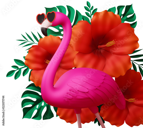 Flamingo wearing glasses and hibiscus flowerwith leaves, summer season 3d rendering photo