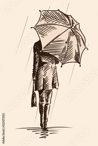 A young slender girl with an umbrella in her hands walks around the city. Pencil sketch on beige background