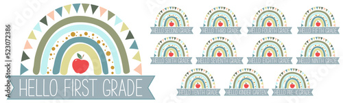Hello First Grade print set, Back to School vector concept, Teacher Shirt design, Team Teacher sticker, First Day Of School. Text, cute rainbow and red apple on white.