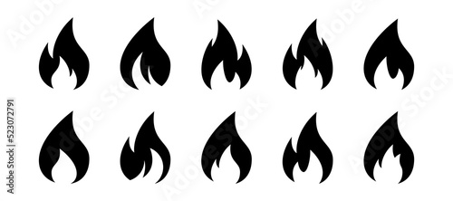 Fire flame icon set. Flame icon in black. Fire symbol in glyph. Fireball sign. Campfire symbol. Flame vector. Stock vector illustration