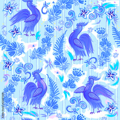 Seamless pattern ornament. Traditional ethnic blue painting.  Background with jolly roosters and abstract flowers. Luxury picture for mural wallpaper, fabric, decoration, clothes. Vector illustration.