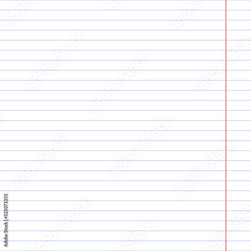 Vector realistic notepad template. Blank notebook paper sheet with lines vector illustration. School notebook paper sheet. Exercise book page background. Lined notepad backdrop.