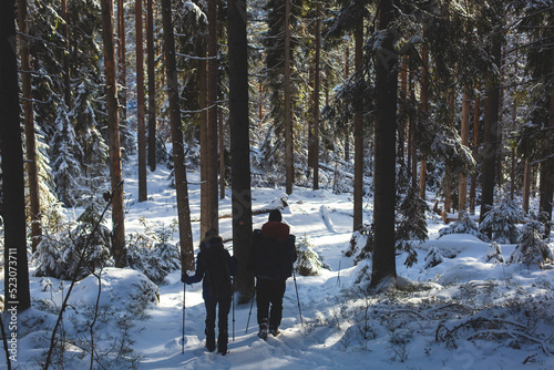 Repovesi National Park, aerial winter view, landscape view of a finnish park, southern Finland, Kouvola and Mantyharju, region of Kymenlaakso, with a group of tourists and wooden infrastructure © tsuguliev