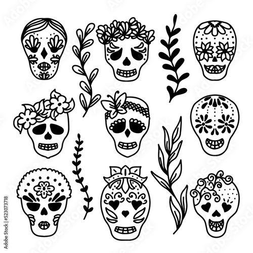 Dia de los muertos set in hand drawn doodle style. Mexican holiday. Vector illustration.