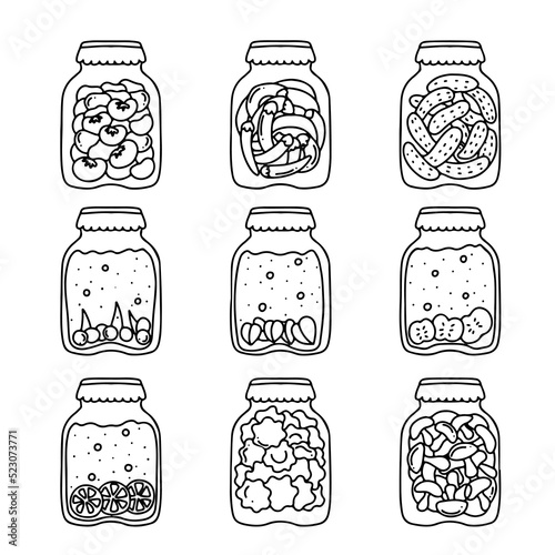 Set of glass jars with homemade preserved vegetables and fruit. Autumn marinate food. Healthy meal set. Hand drawn illustration.