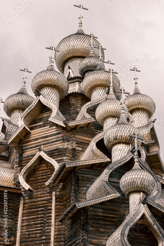 Wooden churches on island of Kizhi, Karelia. Kizhi Pogost with The Church of the Intercession and The Church of the Transfiguration on Lake Onega in the Republic of Karelia