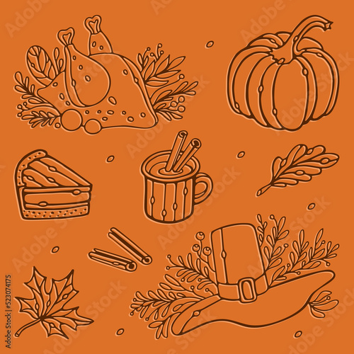 Thanksgiving outline doodle set vector illustration. Pumpkin, roast turkey, cup of cinnamon tea, pilgrim hat, pie, leaves isolated on orange background for design Thanksgiving Autumn greeting card