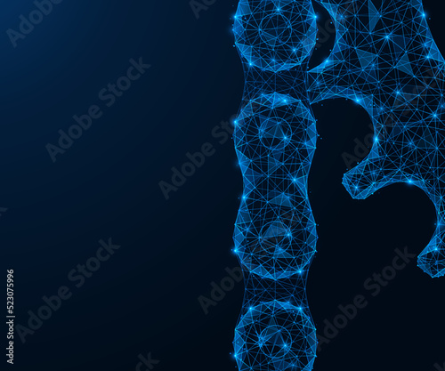Bicycle roller chain with part of the mechanism. Polygonal design of interconnected lines and points. Blue background.