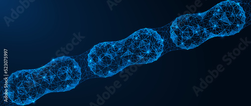 Roller chain. Polygonal design of interconnected lines and points. Blue background.