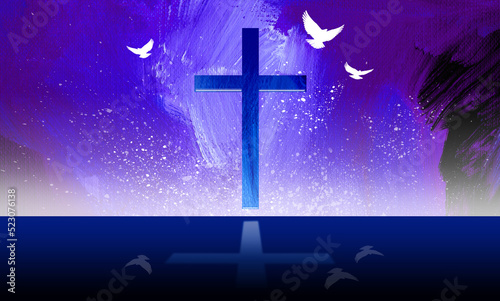 Graphic Christian cross with doves on brushstroke background