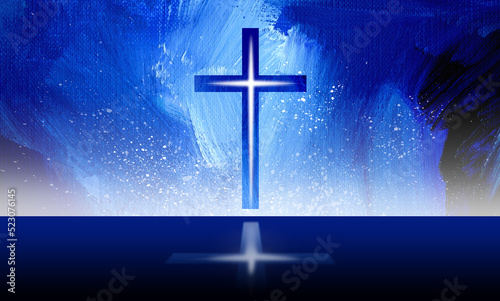 Graphic glowing Christian cross with reflection background © gdarts