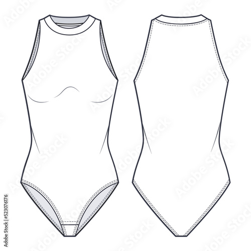 Body fashion flat technical drawing template. Girls  Bodysuit template, sleeveless, round neck, front and back view, white, fashion CAD mockup.