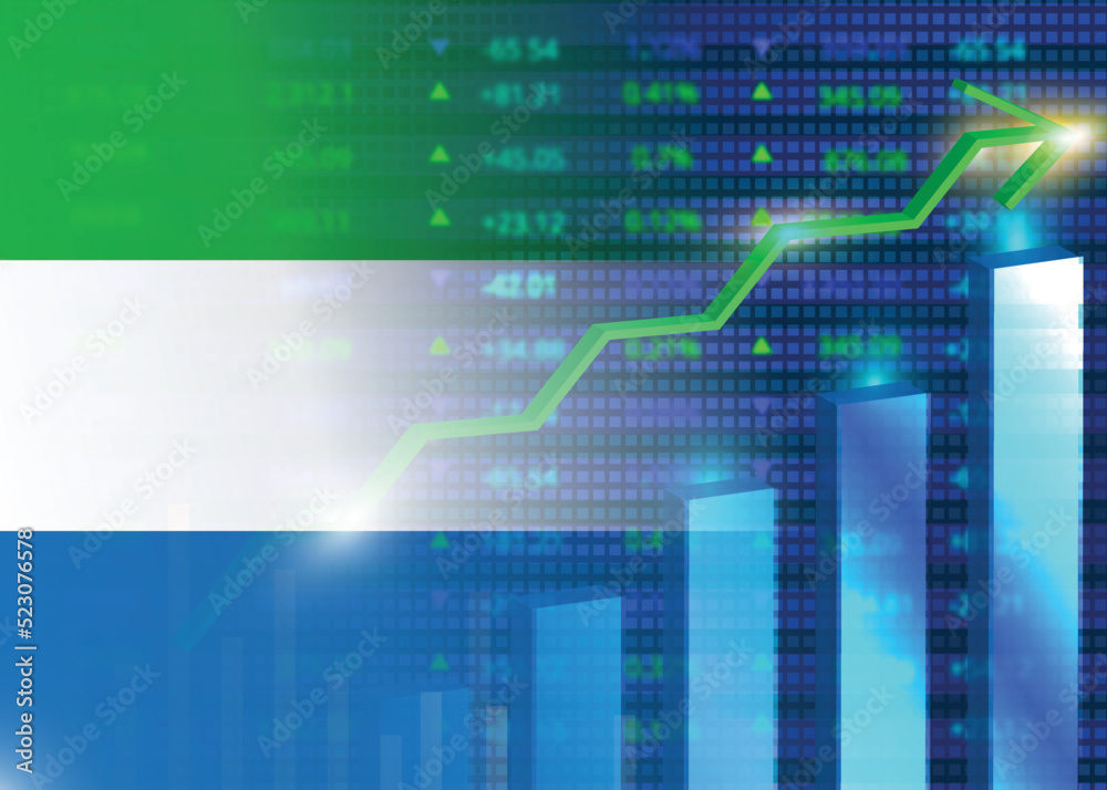 Economic growth in Sierra Leone.Sierra Leone's stock market.Sierra Leone flag with charts,growth arrow Economic growth in Sierra Leone.Sierra Leone's stock market.Sierra Leone flag with charts,growth arrow