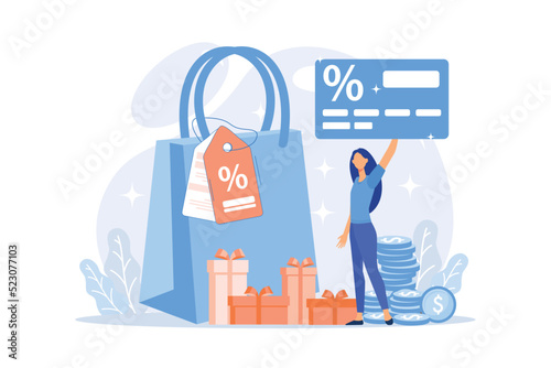 Seasonal sale discounts. Presents purchase, visiting boutiques, luxury shopping. Price reduction promotional coupons, special holiday offers. Vector illustration