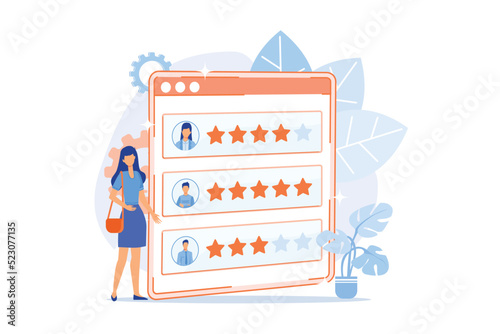 Loyalty stars. Customer and user reviews. Website ranking system, positive feedback, evaluate votes. Web page with ranked personal profiles. Vector illustration