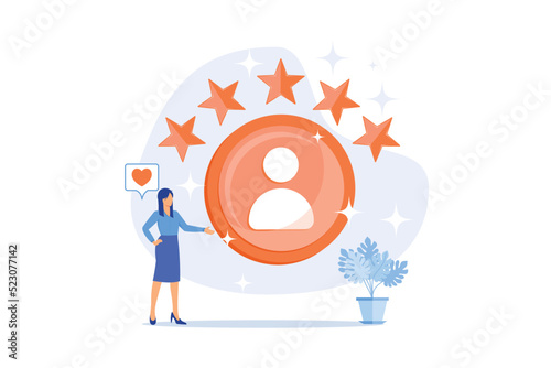 Personal account. Positive feedback, user review, loyalty stars. Dating site, website ranking. Woman evaluating web page cartoon character. Vector illustration