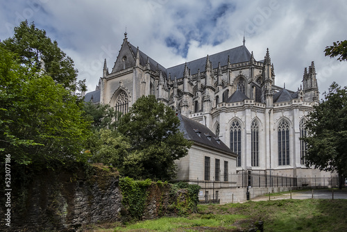 Architectural detail of Roman Catholic Gothic St. Peter and St. Paul Cathedral (Cathedrale Saint-Pierre-et-Saint-Paul) in Nantes. Construction began in 1434. Nantes, Loire Atlantique, France.