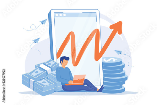 Internet business income. Earning money online. Cartoon character working with laptop. Programmer freelancer. Earning, investment, financial success.