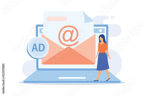 Spamming, email spam. Girl cartoon character getting unsolicited ,undesirable electronic messages. Advertising, messaging, commercial, newsletter. Vector illustration