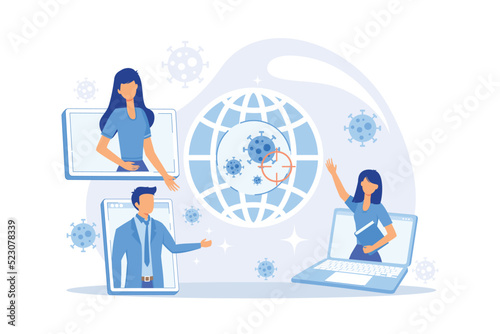 Covid-2019 global response concept illustration. International efforts, online medical conference, preventive measures, governmental control concept.